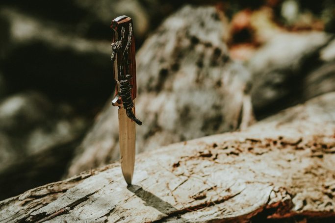 Cuchillo de hoja fija incrustado en un tronco de madera.